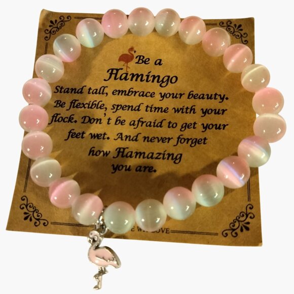 Pink Flamingo Charm Stretch Bracelet Flamazing Inspiration Opalescent Glass Bead - Picture 1 of 7
